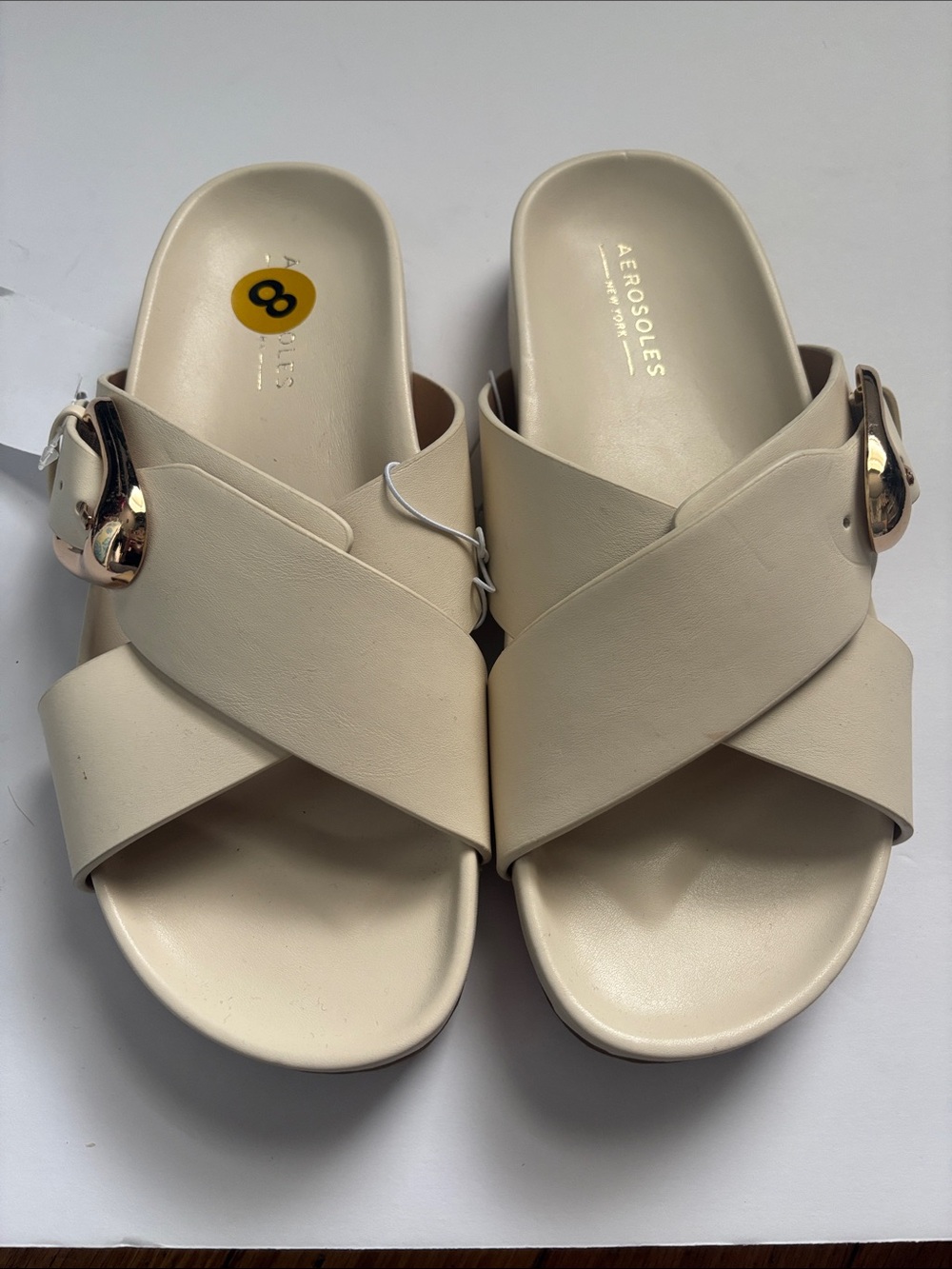 AEROSOLES Cream Cross-Band Slide Mules with Gold Buckle